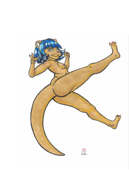 areola blue_hair breasts brown_body brown_fur butt claws female fur green_eyes hair nipples nude nude_anthro nude_female simple_background small_breasts solo tail whiskers white_background sewercroc mammal mustelid otter 2018 dated hi_res signature traditional_media_(artwork)