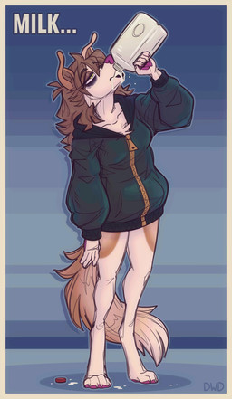 anthro biped brown_body brown_fur brown_hair brown_tail clothed clothing eyelashes eyeliner female fingers fur green_eyes hair makeup milk pink_nose pupils simple_background solo standing tail text dimwitdog dimmi_(dimwitdog) canid canine canis domestic_dog mammal absurd_res hi_res