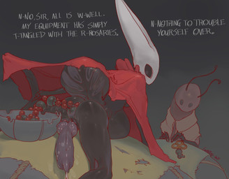 alternate_form anal_beads anal_storage anthro anus arthropod_abdomen balls bent_over big_penis black_body bodily_fluids bowl butt cavity_storage cloak clothing container dialogue duo feet food fruit genital_fluids genitals gynomorph inflated_belly intersex knot knotted_penis male mask penis plant precum sex_toy text santafire hollow_knight:_silksong hollow_knight_(franchise) team_cherry hornet_(hollow_knight) pebb_(hollow_knight:_silksong) arthropod english_text
