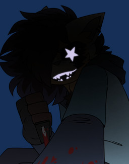 ambiguous_gender anthro blood blood_on_arm blood_on_clothing blue_clothing blue_hoodie blue_topwear bodily_fluids clothing dark ear_piercing evil_grin fingerless_gloves first_person_view fur gloves glowing glowing_eyes glowing_teeth hair hair_over_eye handwear hoodie knife obscured_face one_eye_obstructed orange_body orange_fur piercing shadow simple_background smile solo star_eyes teeth topwear transparent_background pegacousin crux_nebula_(pegacousin) ailurid mammal red_panda 2023 alpha_channel shaded male_(lore)
