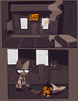 alcohol anthro beverage bouquet car cellphone electronics male phone smartphone smoking solo vehicle vanilla_candy amelia_is_calling avian bird domestic_cat felid feline felis mammal comic hi_res restricted_palette