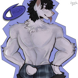 abstract_background anthro back_muscles big_butt black_hair bottomwear bracelet butt clothing docked_tail freckles fur hair jewelry looking_at_viewer looking_back male muscular muscular_male nub_tail pants pattern_bottomwear pattern_clothing piercing plaid plaid_bottomwear plaid_clothing short_tail solo tail teasing tongue tongue_out tongue_piercing underwear undressing white_body white_fur cerberussenn regan_park_(cerberussenn) bull_terrier canid canine canis domestic_dog hunting_dog mammal terrier 1:1 absurd_res hi_res