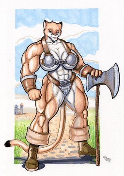 abs anthro armor axe biceps big_breasts bikini_armor breasts castle clothed clothing convincing_weapon double_bitted_axe female melee_weapon muscular muscular_anthro muscular_female navel skimpy smile solo tail unconvincing_armor warrior weapon wolfgangcake cougar felid feline mammal 2012