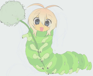 ambiguous_gender anime_style big_eyes big_iris blonde_hair blue_eyes blush blush_lines dandelion eyelashes feral flower green_body hair happy holding_plant human_faced_feral humanoid_face light_face looking_at_viewer multi_leg multi_limb open_mouth orange_face plant simple_background solo striped_body stripes what dddddancerrrrrs arthropod caterpillar insect larva 2026 digital_drawing_(artwork) digital_media_(artwork)