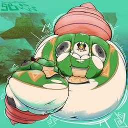anthro belly big_belly big_breasts breasts clothing female green_clothing huge_belly huge_breasts hyper hyper_belly inflation solo spherical_inflation thick_thighs wide_hips smokey_blokey atlyss sally_(atlyss) american_opossum mammal marsupial 2026 absurd_res hi_res