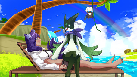 anthro blush bottomwear breasts clothing clothing_pull crop_top feet female female/female feral group hair hand_on_breast looking_at_another midriff purple_hair sexual_tension shirt shorts smile tail teasing toes topwear trio under_boob wary nintendo pokemon madeline_whimsicott tarot_the_meowscarada vanilla_the_whimsicott generation_5_pokemon generation_9_pokemon humanoid meowscarada pokemon_(species) whimsicott absurd_res hi_res