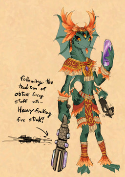 3_eyes 4_arms 4_fingers anthro aztec aztec_clothing club_(weapon) feet female fin fingers flat_chested flower_mouth gills green_body gun head_fin headdress macuahuitl melee_weapon membrane_(anatomy) midriff multi_arm multi_eye multi_limb navel orange_eyes pelvic_curtain profanity ranged_weapon shrug_(clothing) solo standing text toes weapon webbed_feet webbed_hands soulcentinel stargate egeria_(stargate) alien goa'uld english_text