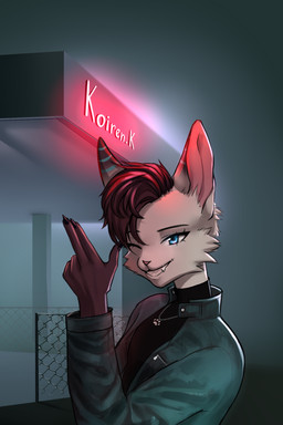 anthro black_claws blue_eyes brown_body brown_fur brown_hair claws clenched_teeth clothing ears_up female finger_gun fog fur gesture hair hand_gesture jacket jewelry leather leather_clothing leather_jacket leather_topwear looking_at_viewer necklace one_eye_closed pointing shining_teeth shirt simple_background solo striped_ears t-shirt teeth text topwear white_body white_fur wink koiren.k noemie_(bast45) felid feline hybrid mammal serval 2022 digital_media_(artwork) hi_res