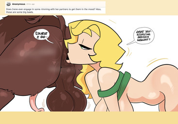 all_fours anal backsack balls bestiality big_balls blonde_hair breasts brown_balls dialogue duo elf_rimming_feral female female_rimming_male feral genitals hair human_on_feral interspecies male male/female not_furry_focus oral penis raised_tail rimming saggy_balls sex solo_focus spiral_penis tail text averysweatyboy irena_(averysweatyboy) elf human mammal suid suine sus_(pig) wild_boar 2023 english_text hi_res