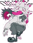 anthro clothing crouching duo eyewear footwear glasses hair long_tongue male multicolored_hair open_mouth tongue deftpetal bandai_namco crocs digimon digimon_beatbreak digimon_(species) human mammal scalie hi_res