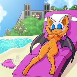 anthro areola armor bat_wings beach big_breasts big_ears black_nose black_wings blue_eyeshadow breastplate breasts brown_areola brown_nipples eyelashes eyes_closed eyeshadow female front_view fur genitals hands_behind_head lying makeup membrane_(anatomy) membranous_wings navel nipples nude nude_anthro nude_female on_back orange_body orange_fur sea solo thick_thighs vulva water white_body white_fur wide_hips wings skwid sega sonic_the_hedgehog_(series) rouge_the_bat bat mammal 1:1 hi_res