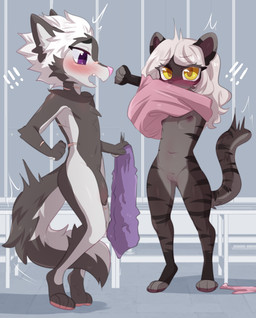 anthro blush breasts clothed clothing duo erection exclamation_point female foreskin genitals male nipples nude partially_clothed penis scar shocked small_breasts surprised undressing vulva young young_anthro young_female young_male aoizuri amalia_(claralaine) garrett_(hiroketzio) canid canine canis dire_wolf domestic_cat felid feline felis mammal prehistoric_species wolf hi_res