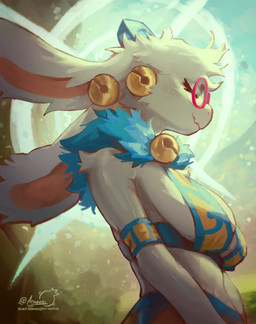 anthro arm_tuft armband breasts clothing eyelashes eyes_closed eyewear female flesh_fang fur glasses halo horn neck_tuft round_glasses shoulder_tuft side_boob solo topwear tuft wearing_glasses white_body white_fur athrasill atlyss angela_flux kubold_(atlyss) 2026 hi_res