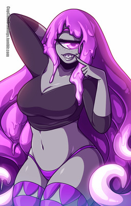 1_eye breasts cleavage clothed clothing female freckles glowing glowing_eyes lips not_furry purple_eyes simple_background solo thick_thighs white_background cupcake992 cyclops humanoid