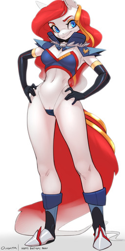 anthro armwear blue_eyes boots breasts clothing crop_top ears_up elbow_gloves eyeshadow female footwear fur genitals gloves hair hands_on_hips handwear head_tilt long_hair long_tail looking_at_viewer makeup medium_breasts pose red_hair red_tail shirt shoes simple_background solo standing string_panties tail topwear uniform vulva white_background white_body white_fur oughta nesana equid equine mammal absurd_res hi_res