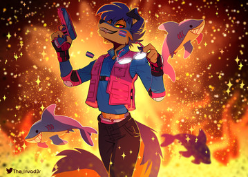 anthro biped bottomwear claws clothed clothed_anthro clothed_male clothing fingers fully_clothed fully_clothed_anthro fully_clothed_male fur gloves gun hair handwear holding_gun holding_object holding_ranged_weapon holding_weapon lgbt_pride looking_at_viewer male pants pride_colors ranged_weapon smile solo tail teeth topwear transgender_pride_colors weapon skeleion toby_wolfkat canid canine mammal 2026 absurd_res digital_drawing_(artwork) digital_media_(artwork) hi_res