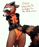 anthro blush bodysuit brown_body bulge bulge_from_behind butt clothing dialogue embarrassed leotard male orange_bodysuit orange_clothing orange_skinsuit rear_view red_eyes skinsuit solo text tight_clothing mindkog guardians_of_the_galaxy marvel rocket_raccoon mammal procyonid raccoon 2022 english_text