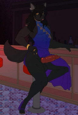 animal_genitalia animal_penis anthro balls biped black_body black_fur black_hair canine_genitalia canine_penis clothed clothing crossdressing ear_piercing ear_ring erection fur genitals hair knot male penis piercing ring_piercing solo tail munkeesgomu darkwolf_(darkwolfdemon) canid canine mammal hi_res