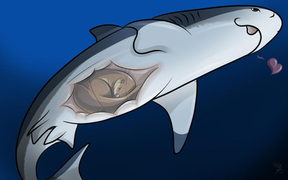 brown_eyes duo feral feral_pred feral_prey fin gills grey_body heart_symbol inside_stomach internal underwater vore water white_body theothefox discovery_channel shark_week aquatic fish mammal mustelid otter shark 2012