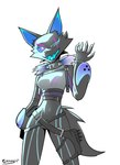 anthro belt black_body black_collar black_fur blue_ears blue_eyes blue_mouth blue_sclera blue_tongue breasts clothed clothed_anthro clothed_female clothing collar eye_scar eyebrows facial_scar female female_anthro fur fur_trim_(clothing) gesture hand_gesture looking_at_viewer medium_breasts nails one_eye_closed one_hand_up open_mouth open_smile pink_eyebrows red_eyes scar simple_background slim slim_anthro slim_female smile solo spikes standing straps streetwear techwear tongue white_background gatonejo epic_games fortnite pack_leader_highwire canid canine canis mammal wolf 2024 absurd_res hi_res