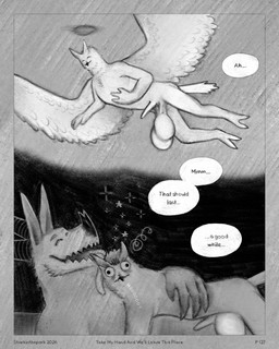 2_toes 3_fingers 4_fingers anthro balls big_balls big_pupils border dialogue duo eyebrows feathered_tail feathers feet fingers genitals halo horn huge_balls licking male male/male nude penis pupils smile speech_bubble tail tapering_penis text toes tongue wings sharkinthepark all_mighty_lord_(sharkinthepark) angel avian bat bird mammal owl 2026 4:5 absurd_res comic english_text greyscale hi_res monochrome