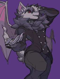 anthro bite biting_lip biting_own_lip bottomwear button_(fastener) claws clothing collar fangs fur grey_body grey_fur hand_on_head hand_on_own_head long_sleeves looking_at_viewer male membrane_(anatomy) membranous_wings neck_tuft one_eye_obstructed pants pink_nose pupils purple_background purple_claws reaching_towards_viewer red_eyes self_bite simple_background slit_pupils smile smiling_at_viewer solo tail teeth tuft wide_hips wings bone_nigi bat mammal digital_drawing_(artwork) digital_media_(artwork) hi_res