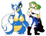 breasts claws cleavage clothed clothing collar duo facial_tuffs fangs featureless_breasts female feral green_hair hair horn jacket midriff navel non-mammal_breasts sharp_teeth simple_background smile standing tattoo teeth topwear white_background dms_bc nintendo pokemon generation_1_pokemon human mammal nidoqueen pokemon_(species) scalie