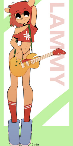 anthro bedroom_eyes black_clothing black_eyelids black_thong black_underwear blue_boots blue_clothing blue_footwear boots choker clothed clothing crop_top electric_guitar female fingers footwear green_background guitar hair holding_guitar holding_musical_instrument holding_object horn jewelry looking_aside midriff musical_instrument narrowed_eyes navel necklace off-shoulder_crop_top off_shoulder pantsless plucked_string_instrument pubes pubes_exposed raised_arm red_clothing red_footwear red_hair red_pubes red_shirt red_socks red_topwear seductive shirt shoes short_hair simple_background slim smile smiley_face socks solo standing string_instrument text thigh_gap thong topwear underwear white_background gortdraws parappa_the_rapper sony_corporation sony_interactive_entertainment um_jammer_lammy lammy_lamb bovid caprine mammal sheep 2025 artist_name character_name digital_media_(artwork) full-length_portrait portrait