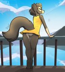 anthro barefoot bottomless butt clothed clothing day dress dress_only eyes_closed feet female female_anthro fur furgonomics genitals grey_body grey_fur leaning leaning_forward leaning_on_railing looking_back no_underwear pussy rear_view short_dress solo sundress tail tail_clothing thigh_gap feretta vixavil_hayden canid canine fox mammal red_fox silver_fox true_fox 2024 hi_res