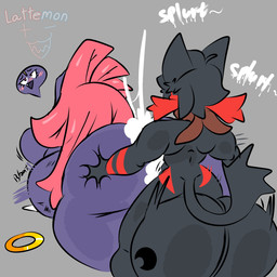 anthro balls belly big_balls big_breasts black_body blush bodily_fluids breasts butt cum cum_overflow duo female genital_fluids genitals hair male male/female penetration red_eyes red_hair ring sex simple_background tail white_background lattemon nintendo pokemon eira_(thebunallies) generation_4_pokemon generation_7_pokemon litten pokemon_(species) weavile 1:1 2023 hi_res