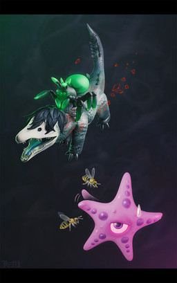 1_eye 3_claws 3_toes 5_arms 5_eyes 6_legs afterimage ambiguous_feral ambiguous_gender annoyed antennae_(anatomy) arthropod_abdomen black_background black_body black_claws black_exoskeleton black_eyes black_hair black_markings black_scales black_stripes bodily_fluids bone chibi claws dipstick_antennae exoskeleton exoskeleton_markings feet feral flying front_view gloves_(marking) green_body green_exoskeleton green_eyes green_markings green_mouth green_sclera grey_body grey_scales group hair hair_over_eyes insect_wings leg_markings mandibles markings motion_lines multi_arm multi_eye multi_limb multicolored_antennae no_sclera pedipalps pink_body pupils purple_eyes purple_markings purple_pupils purple_spots quadruped riding scale_markings scales simple_background skull skull_head smoke socks_(marking) spots stripes sweat sweatdrop teal_tongue teeth text three-quarter_view toe_claws toes tongue wings yellow_body yellow_exoskeleton amamidori cc-by-sa creative_commons scp_foundation there_is_no_antimemetics_division scp-3125 scp-682 arachnid arthropod asterozoan bee echinoderm hymenopteran insect marine reptile scalie spider starfish 2024 artist_name colored digital_media_(artwork) digital_painting_(artwork) english_description full-length_portrait hi_res japanese_description japanese_text letterbox painting_(artwork) portrait