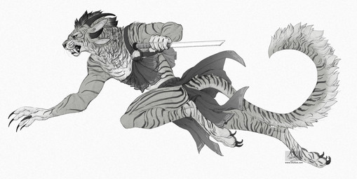 action_pose anthro bottomwear claws clothing dagger fangs female flat_chested horn loincloth melee_weapon multi_ear open_mouth pose running simple_background solo tail teeth weapon whiskers chutkat guild_wars charr felid hybrid mammal 2014 greyscale monochrome