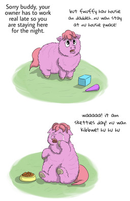 ambiguous_feral ambiguous_gender baby_talk bodily_fluids bowl container crying dialogue feral fur hair hooves kibble offscreen_character pet_bowl pet_food pink_body pink_fur red_hair red_tail simple_background sitting solo standing tail tears text toy_block upset carpdime fluffy_pony fluffy_pony_(species) mammal digital_media_(artwork) english_text shaded