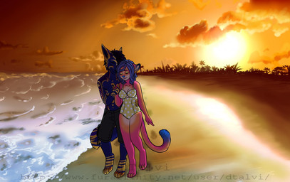 anthro beach clothing cloud duo female male outside seaside standing sunset swimwear dtalvi canid canine felid mammal
