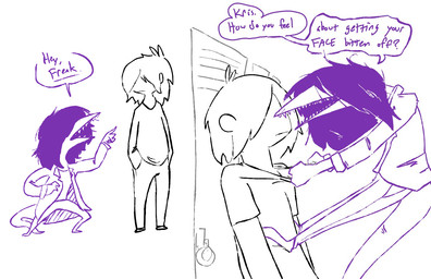 ambiguous_gender ambiguous_human anthro bottomwear clothing dialogue duo hair hair_over_eyes humor jacket messy_hair obscured_eyes open_mouth pants sharp_teeth shirt simple_background teeth text topwear the_weaver deltarune undertale_(series) kris_dreemurr susie_(deltarune) human mammal scalie 2021 digital_drawing_(artwork) digital_media_(artwork) english_text