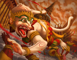ambiguous_gender anthro detailed_background fangs fur group realistic religion running tail teeth white_body white_fur katherine_murray hinduism hanuman deity deva haplorhine humanoid mammal monkey primate absurd_res colored detailed hi_res shaded