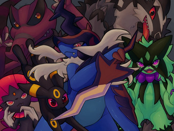 ambiguous_gender anthro armor black_body black_ears black_eyes black_fur black_nose black_tail blue_body claws cute_fangs facial_hair fangs feral flower_(anatomy) fur fur_markings green_body green_fur grey_body grey_fur group hair headgear helmet markings mask melee_weapon purple_eyes purple_nose red_body red_eyes red_nose red_sclera sword tail teeth weapon white_body white_fur white_hair yellow_body yellow_fur shino76 nintendo pokemon eeveelution generation_2_pokemon generation_4_pokemon generation_5_pokemon generation_8_pokemon generation_9_pokemon hisuian_form hisuian_samurott krookodile meowscarada obstagoon pokemon_(species) regional_form_(pokemon) shiny_pokemon umbreon weavile 2024 4:3 absurd_res alternate_version_at_source hi_res