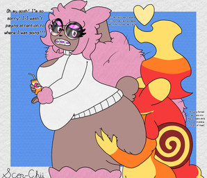 anthro belly belly_overhang beverage big_breasts big_butt braces breasts butt butt_grab butt_on_face cleavage_cutout clothing cutout duo embarrassed eyewear face_on_butt faceplant female fire glasses groping_from_behind hair hand_on_butt larger_female male male/female messy_hair overweight overweight_female size_difference smaller_male sweater text thick_thighs topwear scor-chii nintendo pokemon ada_(scor-chii) elemental_creature fire_creature gastropod generation_4_pokemon lopunny mollusk pokemon_(species) shiny_pokemon snail absurd_res english_text hi_res