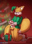 anthro balls blush bodily_fluids bottomless clothed clothing cum cum_in_sex_toy elf_costume genital_fluids genitals holidays male masturbation penetrable_sex_toy penis sex_toy solo tongue tongue_out vaalgarth christmas sega sonic_the_hedgehog_(series) miles_prower hi_res