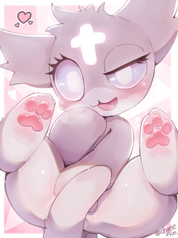 anthro bodily_fluids cross female fur genital_fluids heart_symbol looking_at_viewer pawpads smile solo tail white_body white_eyes white_fur cheesefries mewgenics marshmallow_(mewgenics) domestic_cat felid feline felis mammal 3:4 absurd_res colored digital_media_(artwork) hi_res