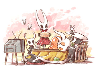 2_horns 5_fingers ambiguous_gender biped black_eyes cloak clothed clothing electronics empty_eyes fingers group holding_object horn looking_at_another mask orange_eyes red_cloak red_clothing sitting standing television wings sinsin hollow_knight_(franchise) team_cherry broken_vessel_(hollow_knight) grimmchild_(hollow_knight) hornet_(hollow_knight) quirrel_(hollow_knight) the_knight_(hollow_knight) arthropod infected_(species) vessel_(species) 2025 half_sister_(lore) male_(lore) sibling_(lore) sister_(lore)