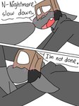 3:4 anthro balls big_dom_small_sub big_penis black_body black_fur black_hair blush blush_lines canid canine canis clothing comic digital_media_(artwork) dominant duo english_text fangs fem_(lewd_can) femboi_(lewd_can) forced fur genitals grey_body grey_clothing grey_fur gynomorph gynomorph/male gynomorph_penetrating hair headgear headwear huge_penis hyper hyper_genitalia hyper_penis intersex intersex/male intersex_penetrating large_penetration lewd_can male male_penetrated mammal mask open_mouth oral oral_penetration panel_skew paper_bag paper_bag_mask penetration penile penile_penetration penis rape ridiculous_fit sex simple_background size_difference teeth text wolf