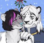 anthro clothed clothing duo facial_piercing female fur hair kissing_bough male mistletoe nose_piercing piercing plant smile melamoryblack felid mammal pantherine tiger sketch