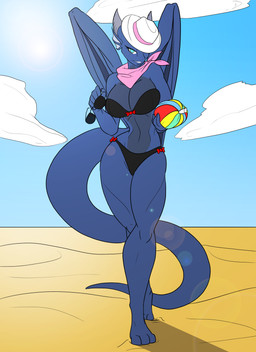 3_toes 5_fingers anthro beach bikini blue_body blue_skin breasts clothing cloud ear_frill eyelashes eyewear feet female fingers frill_(anatomy) hat headgear headwear horn membrane_(anatomy) membranous_wings non-mammal_breasts outside ribbons sand seaside sky smile solo sun sunglasses swimwear tail toes two-piece_swimsuit umbrella wings robthehoopedchipmunk toughset mythology tulip_(rthc) dragon mythological_creature mythological_scalie scalie 2015 absurd_res hi_res
