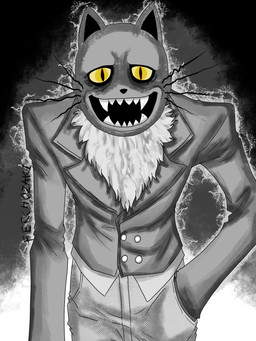 anthro aura black_nose bottomwear chest_tuft clothing fangs hand_in_pocket jacket looking_at_viewer male pants pockets pupils sharp_teeth simple_background slit_pupils smile smiling_at_viewer solo standing teeth text topwear tuft whiskers white_tuft yellow_eyes yellow_sclera ferchozaki fear_and_hunger pocketcat_(fear_&_hunger) domestic_cat felid feline felis mammal 2024 3:4 absurd_res black_and_white english_text hi_res monochrome shaded signature