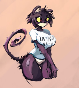 anthro big_breasts bottomless bottomless_female breast_squish breasts clothed clothing eating eating_food featureless_crotch female shirt solo squish t-shirt topwear sairy domestic_cat felid feline felis mammal hi_res