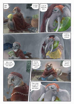 ambiguous_gender anthro beak biped cave cave_painting clothed clothing dialogue dialogue_box feathers fur grey_body group hat headgear headwear inside male proboscis_(anatomy) speech_bubble tail text trio trunk_(anatomy) bjekkergauken isilo_(bjekkergauken) avian bird elephant elephantid mammal proboscidean 2025 absurd_res comic english_text hi_res