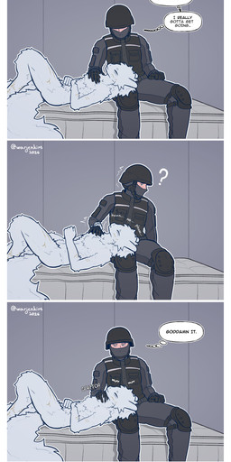 annoyed armor bed blue_eyes border bulletproof_vest clothed clothed_human clothed_male clothing duo freckles fully_clothed fully_clothed_human fully_clothed_male furniture happy head_on_lap headgear helmet lying male male/male mattress neck_tuft nude nude_anthro on_back on_lap petting scar scritches surprised tail text thought_bubble tuft white_border warjenkins casualties:_unknown animal_humanoid gunsawian human humanoid mammal mammal_humanoid milky_(gunsawian) 2026 absurd_res comic english_text hi_res