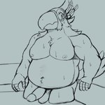 anthro balls beak blush feathers genitals half-erect humanoid_genitalia humanoid_penis male nipples nude nude_anthro nude_male overweight overweight_anthro overweight_male partially_submerged penis solo water smush-sin breath_of_the_wild nintendo the_legend_of_zelda kass_(tloz) avian rito 1:1 2023 greyscale hi_res monochrome sketch