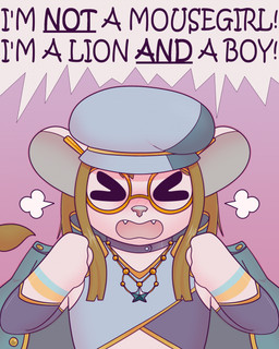 angry anthro arm_warmers armwear bangs beret big_ears blonde_hair blush blush_lines choker clothing coat_over_shoulders ear_piercing ear_ring embarrassed eyewear fangs femboy glasses grey_body hair halter_top hat headgear headwear jewelry long_hair male markings misgendering necklace overcoat piercing ring_piercing solo striped_markings stripes teeth graycatluna haley_(graycatluna) alien felid lion mammal pantherine hi_res